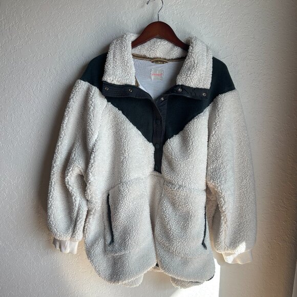 Free People Fall To Rise Fleece Quarter Snap Sweater Ivory Green Size L - Picture 3 of 10